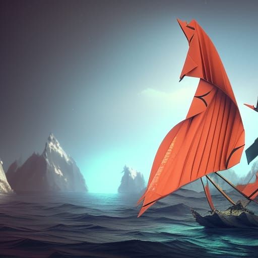 Origami Ship Sails in Origami Waters