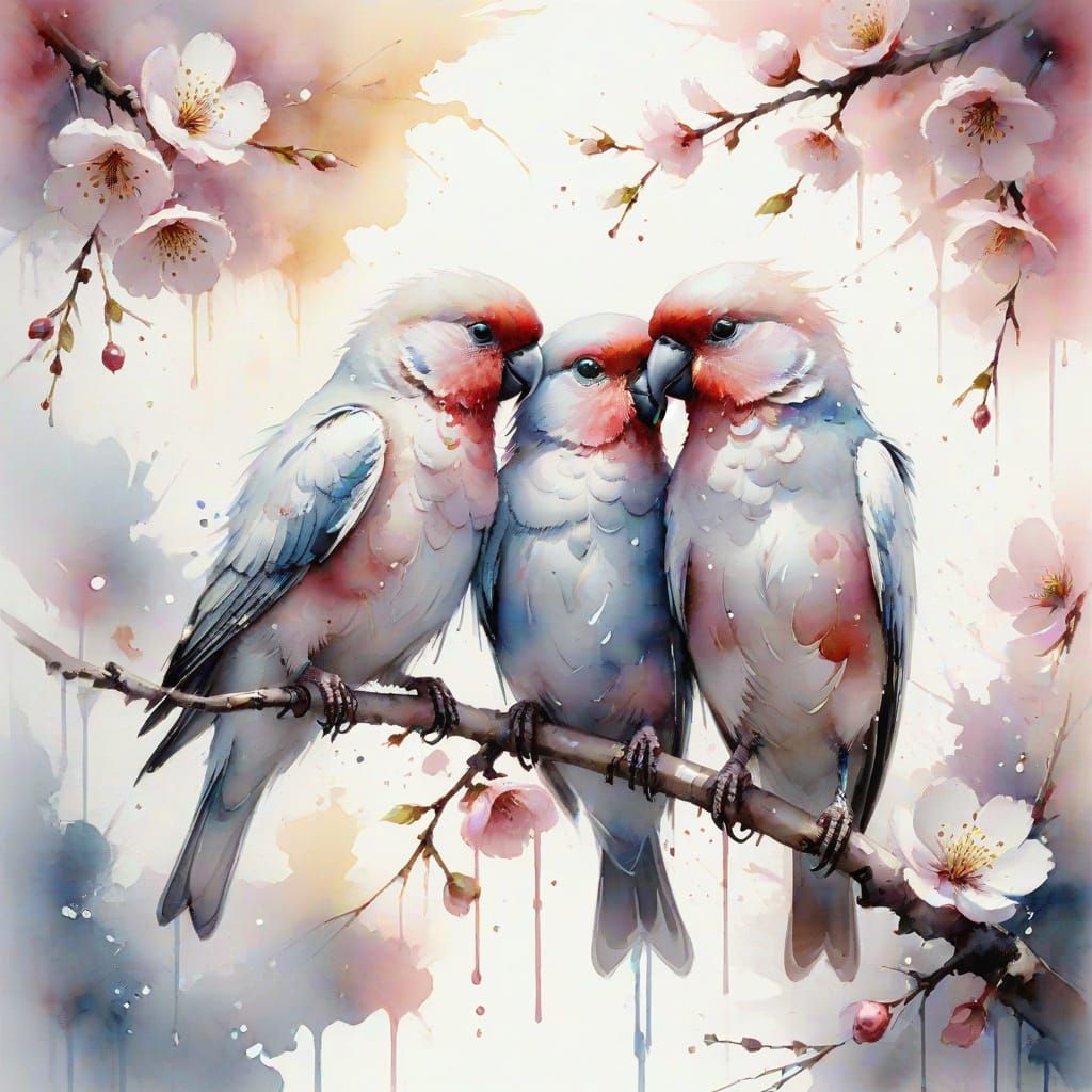 Whimsical Watercolor Love Birds on Cherry Branch