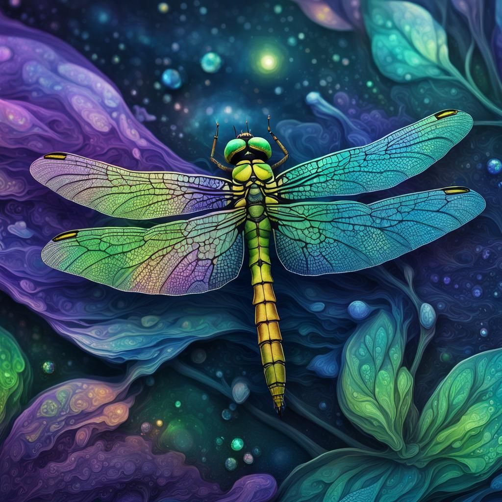 Iridescent Dragonfly in Holographic Cosmic Illustration