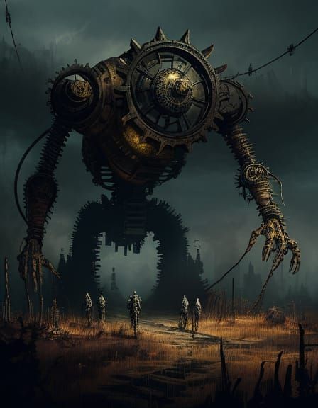 Decaying Animatronic Creature in Dystopian Landscape