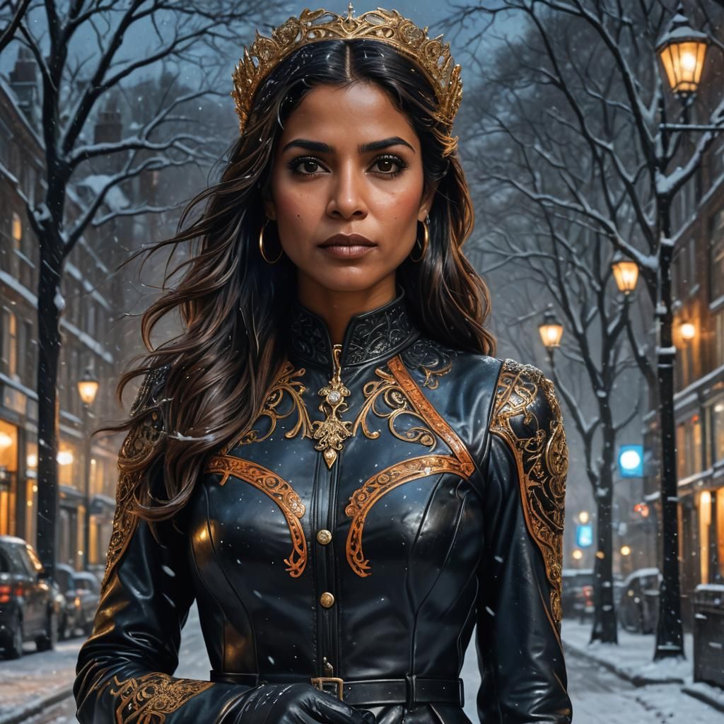 Regal Queen in London Snowstorm: Art Nouveau Portrait