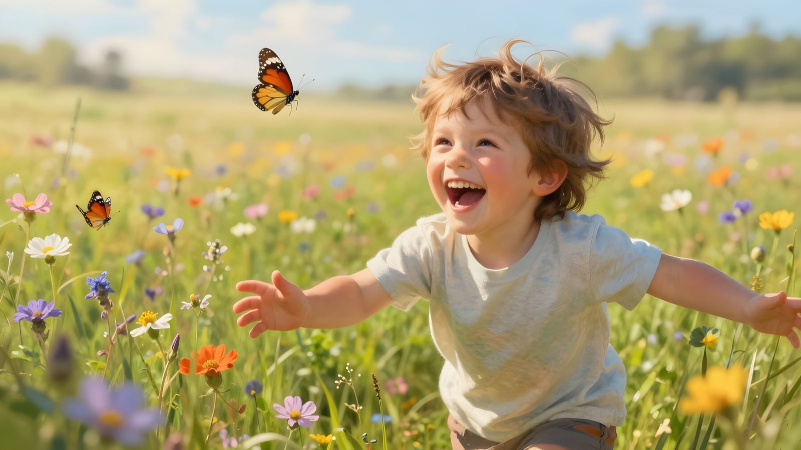 Joyful Child Chasing Butterfly in Sunlit Meadow