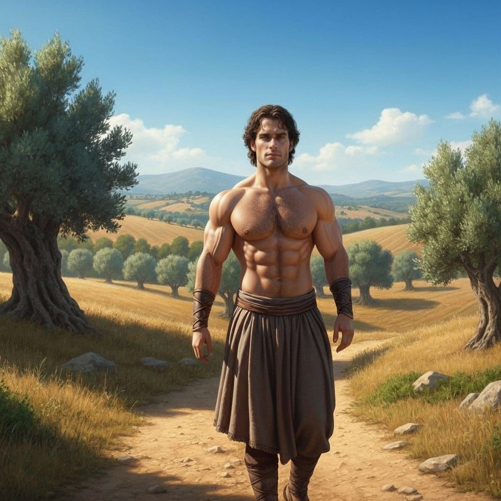 Muscular Theseus Resembling Henry Cavill on Country Path