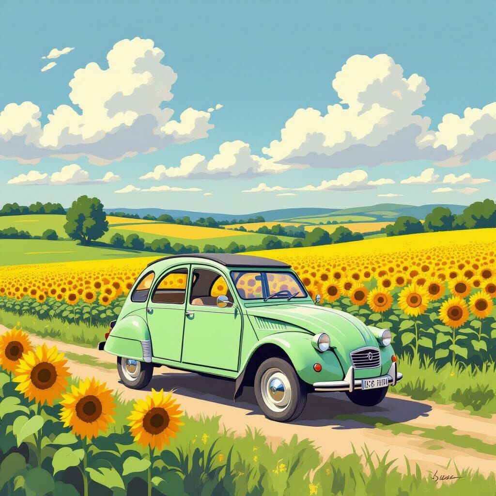 Citroën 2CV Drives Through French Sunflower Field