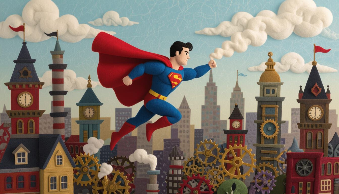 Felt Superman Soaring Over Steampunk Metropolis