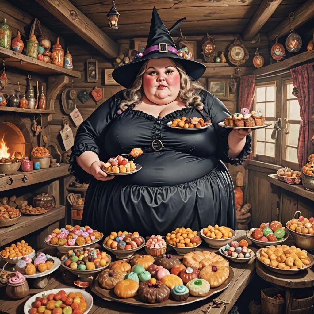 Obese Witch Holding Sweets in a Cabin