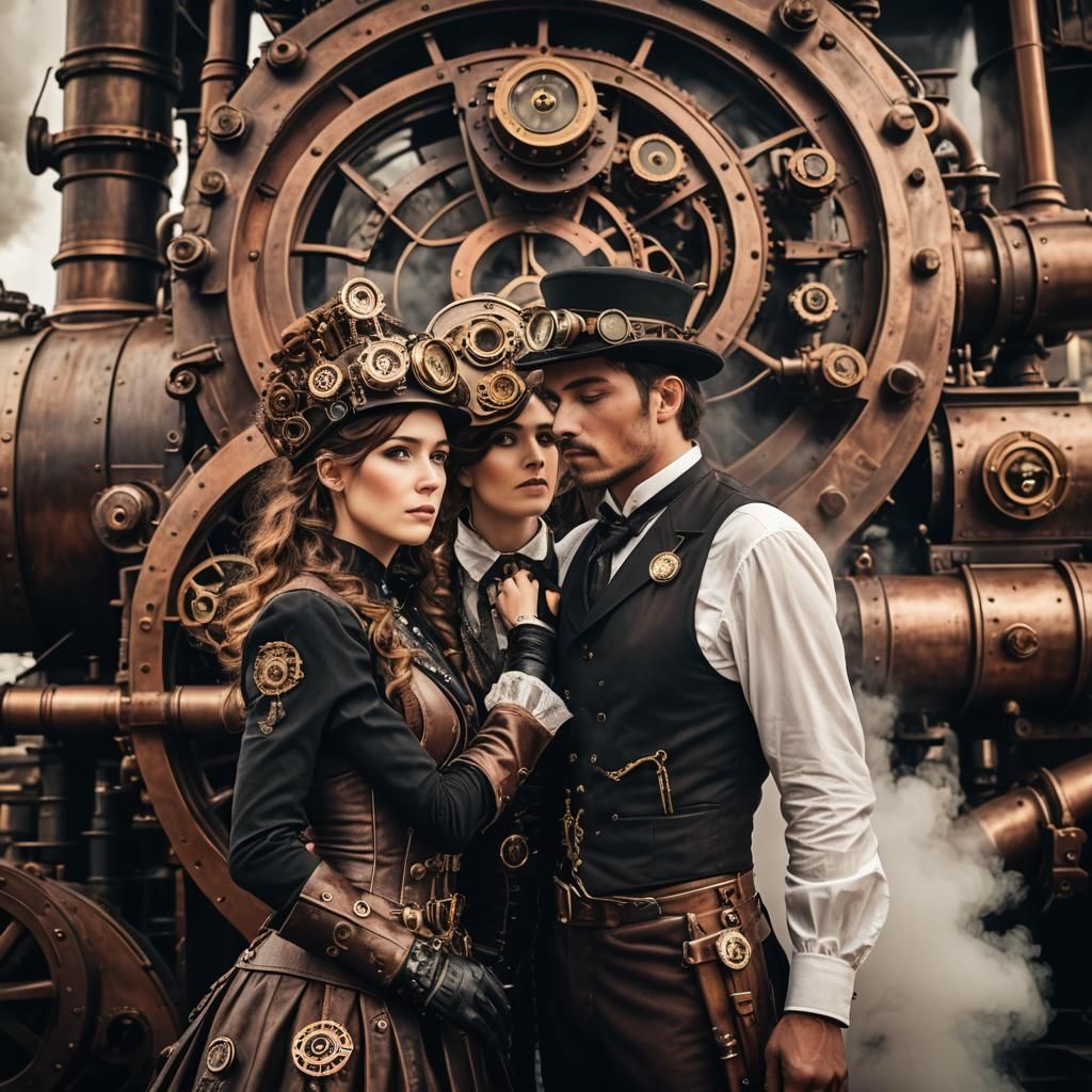 Steampunk Couple's Embrace Before Steam Engine