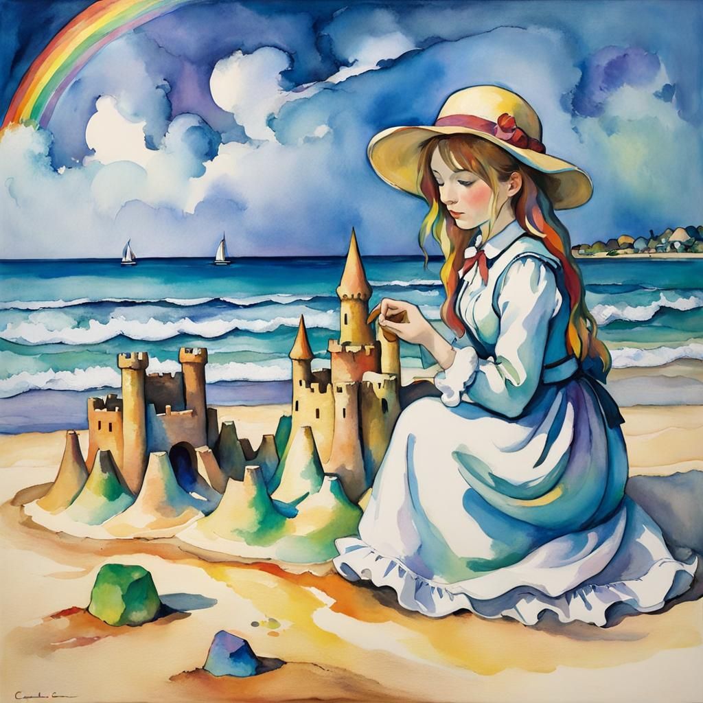 Girl Building Sandcastle on Beach in Post-Impressionism Styl...