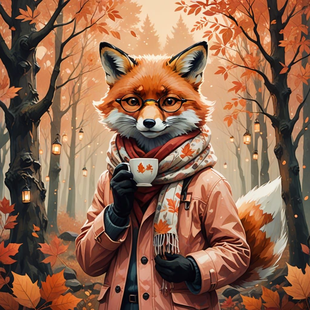 Anthropomorphic Fox Holding Tea in Autumn Forest Double Expo...