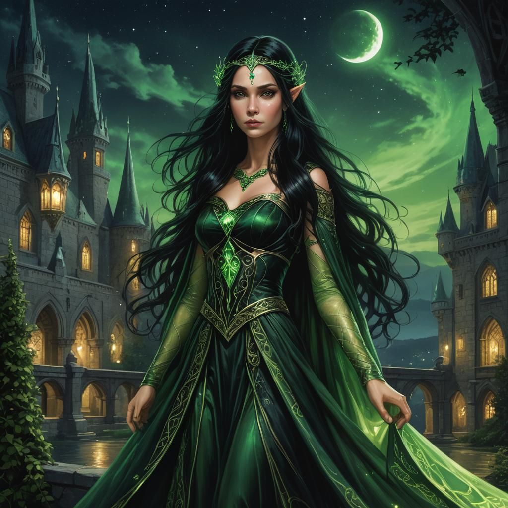 Green Fairy in Elven Palace with Moonlight
