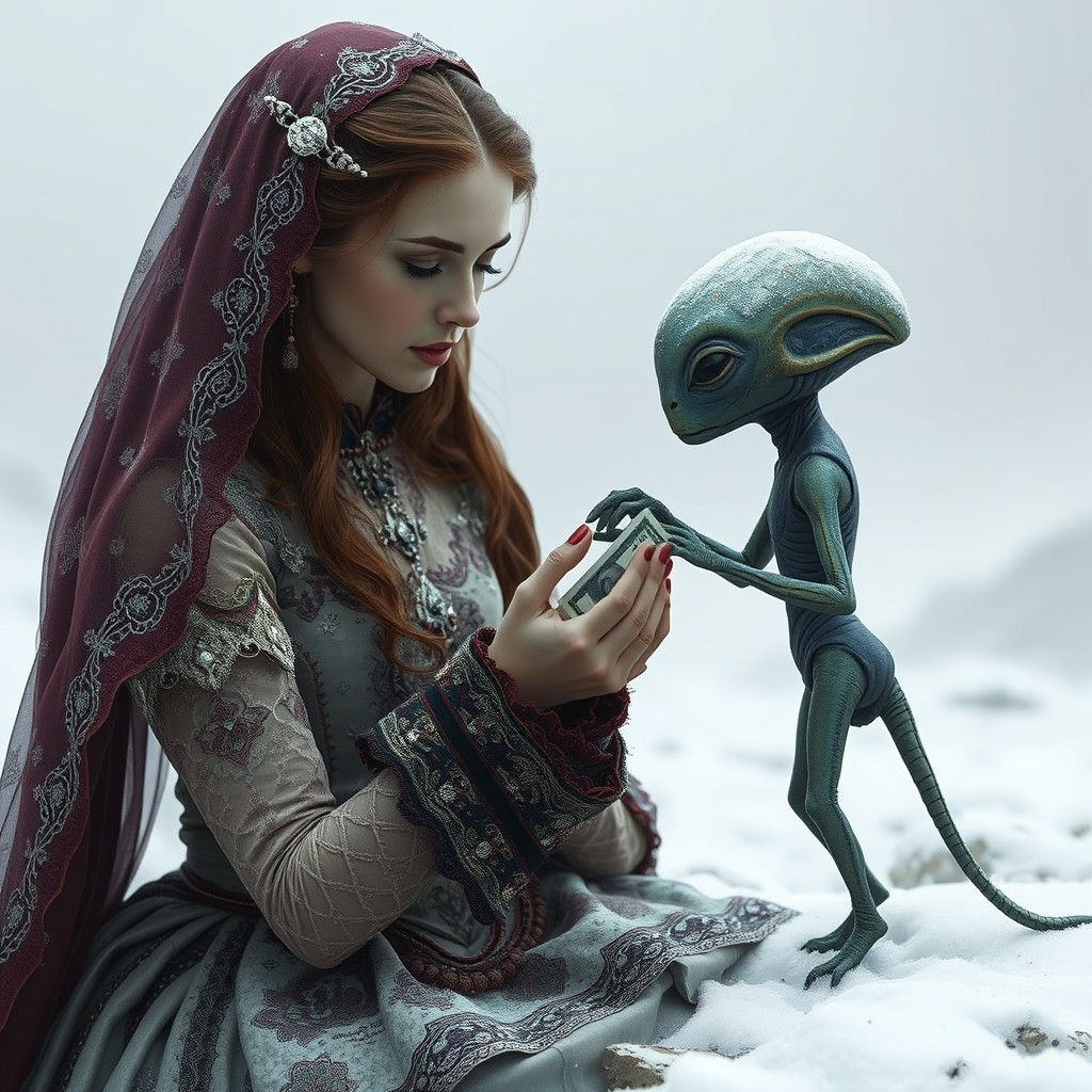 Hyperrealistic Woman Giving Money to Alien