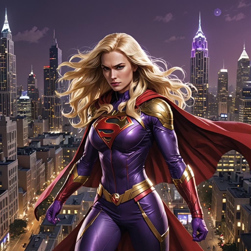 Blonde Superheroine in Purple Costume Over Cityscape