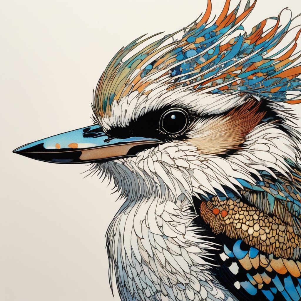 Ornate Kookaburra Line Drawing in Art Nouveau Style