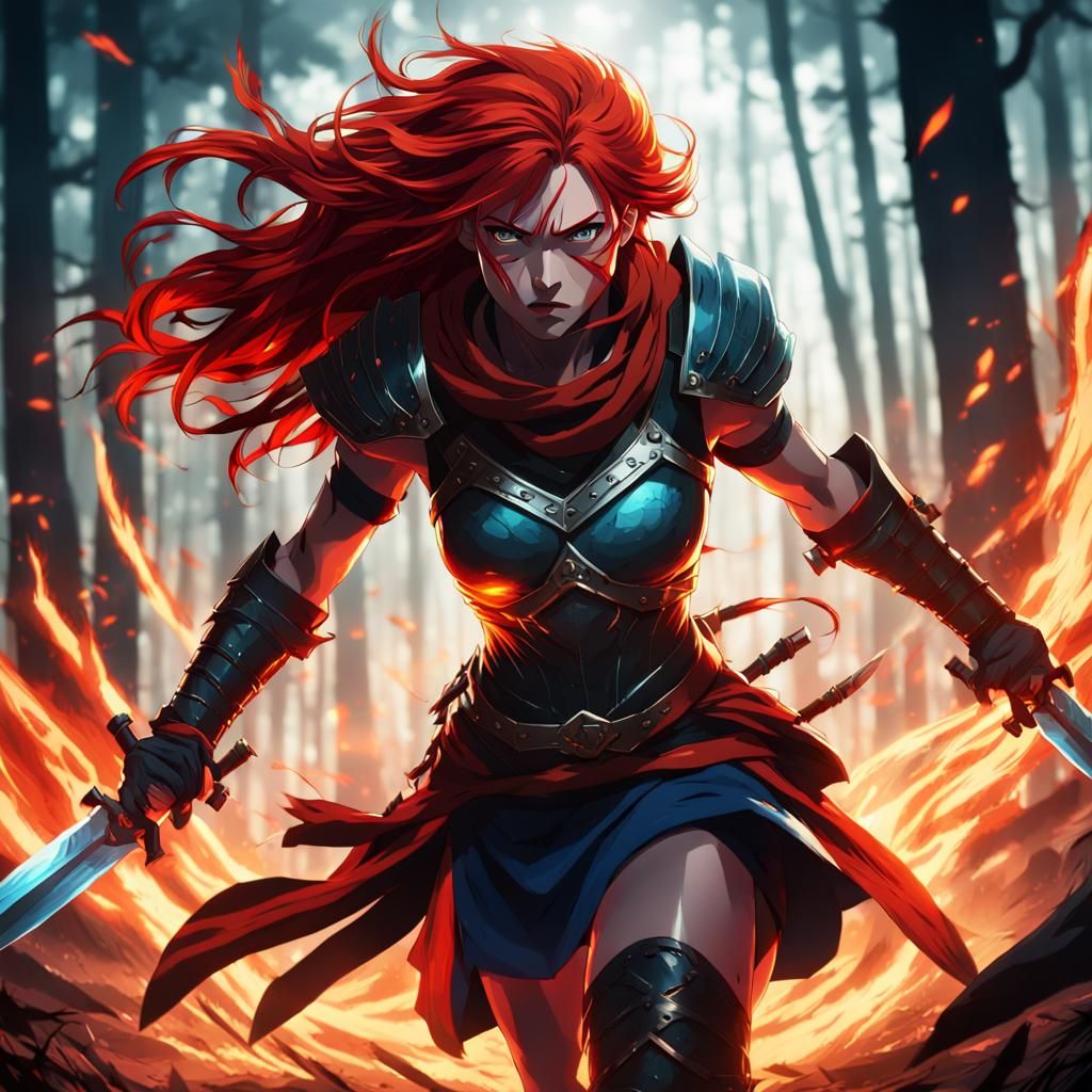 Anime Warrior Charging in Ominous Forest