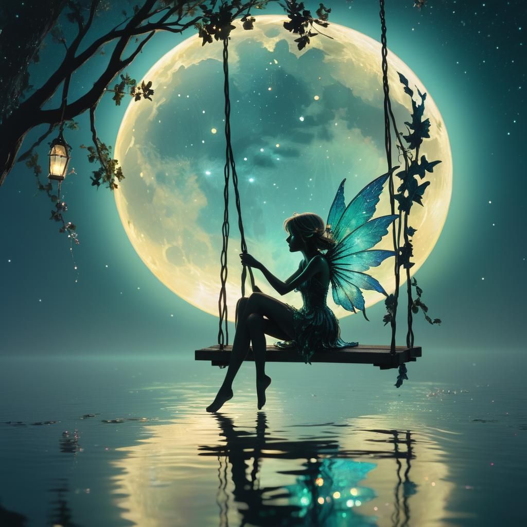 Fairy on Swing Silhouette: Impressionist Neon Moon
