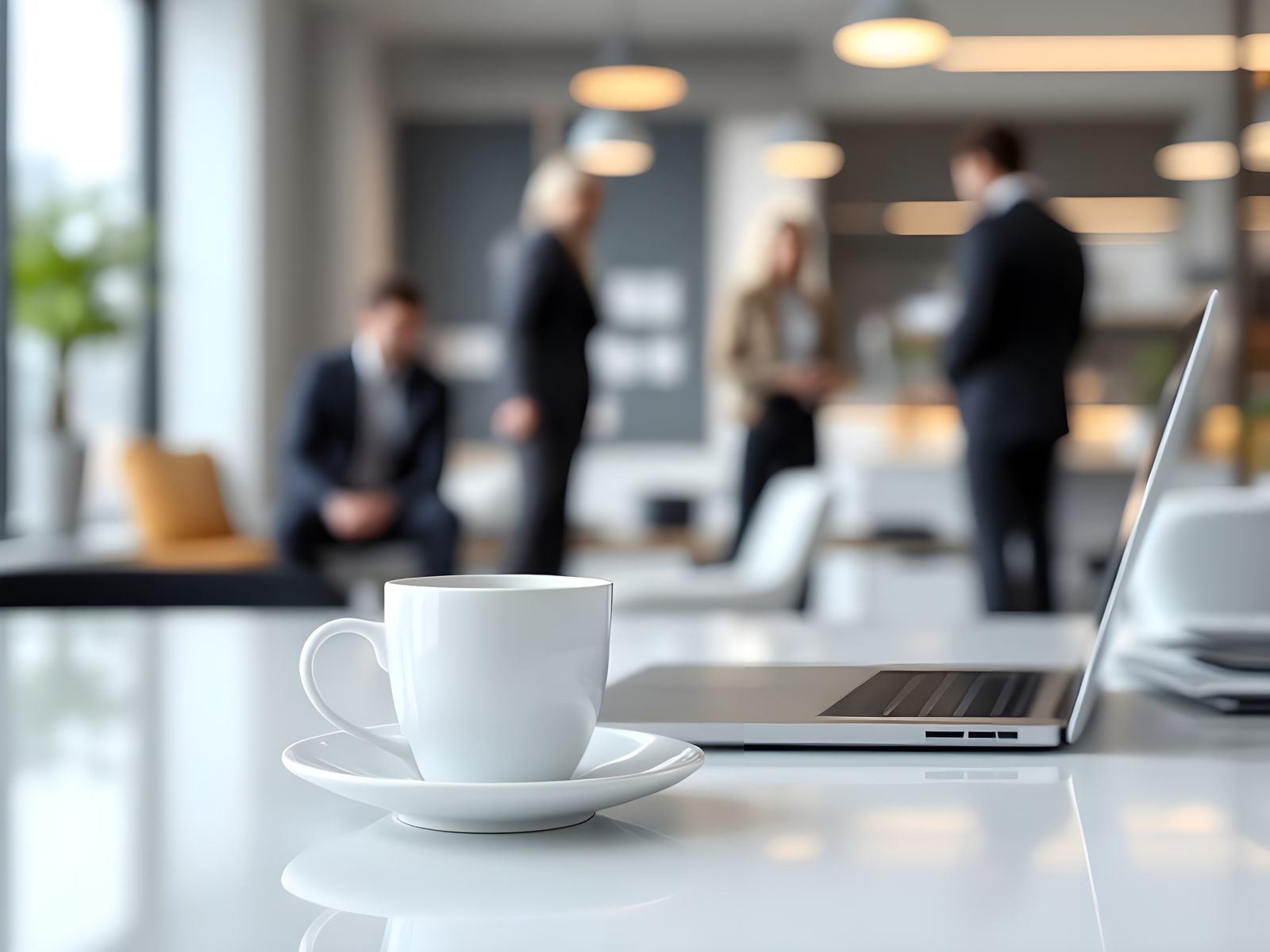 Coffee Cup and Laptop in Clean Modern Office