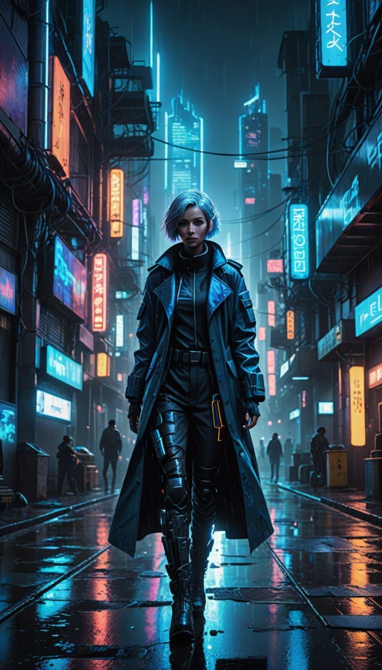 A Futuristic Woman Walks Through a Neon-Drenched City
