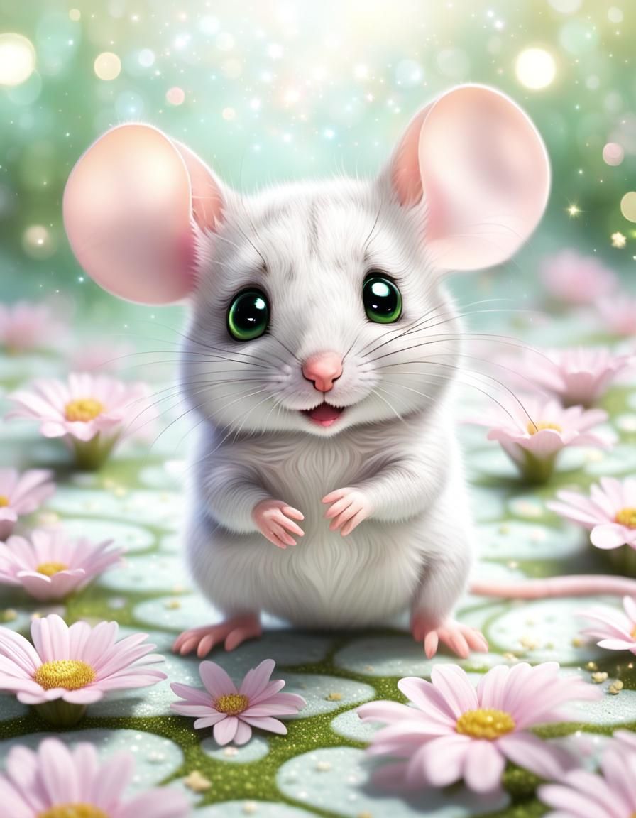 Cute Chibi Mouse on Floral Galaxy Floor