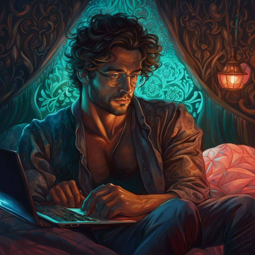 Ornate Portrait of Man Working Under Neon Lights