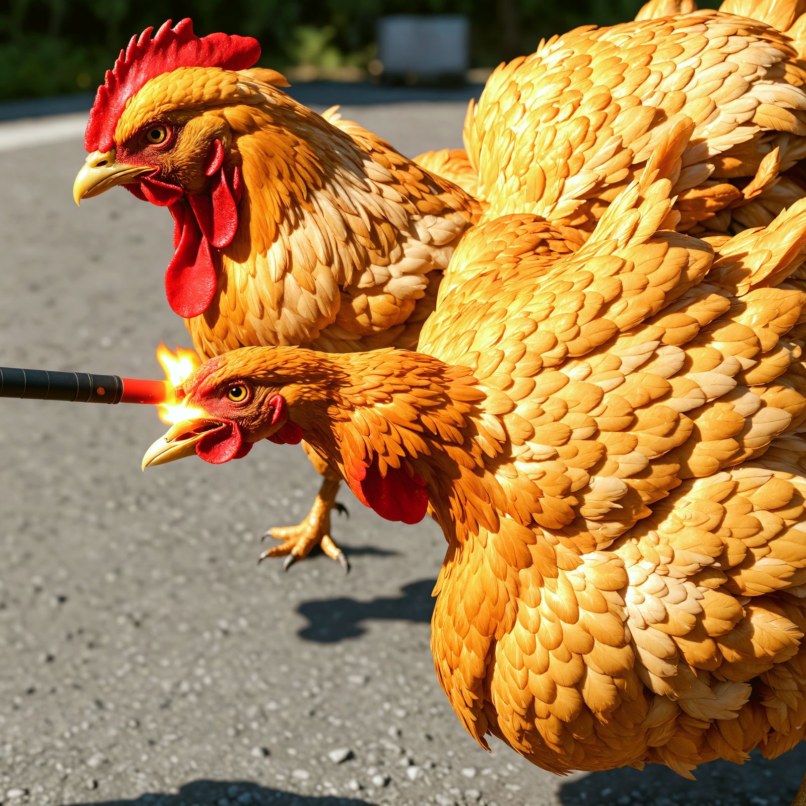 Chicken with Flamethrower in 8K Resolution