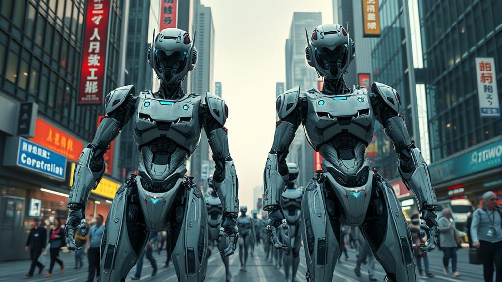 Futuristic Cityscape: Robots Rise for Rights in a Cyberpunk ...