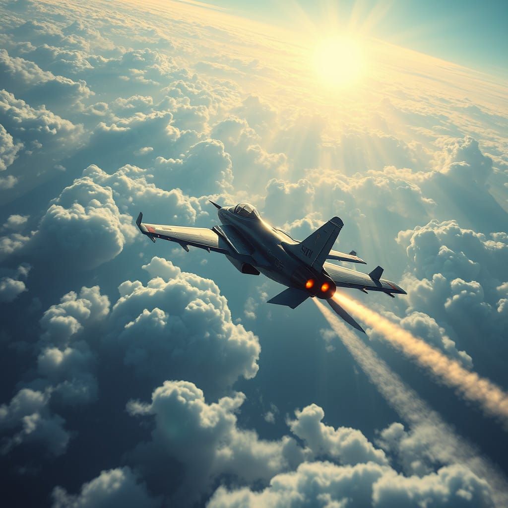 Futuristic Fighter Jet Soars Through Clouds in a Vibrant, Sc...