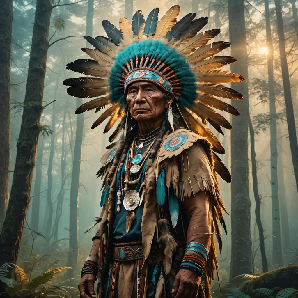 Native American Leader in Misty Forest: Digital Art