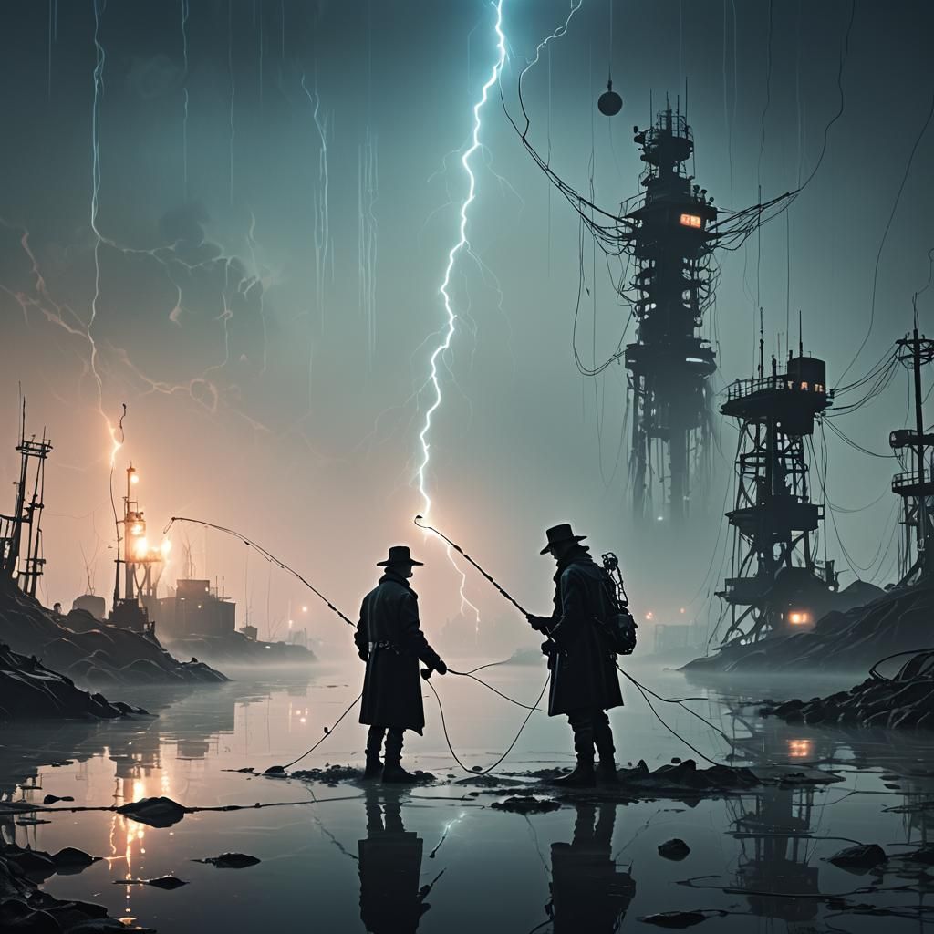 Sci-Fi Fisherman in Misty Waters: Futuristic Concept Art