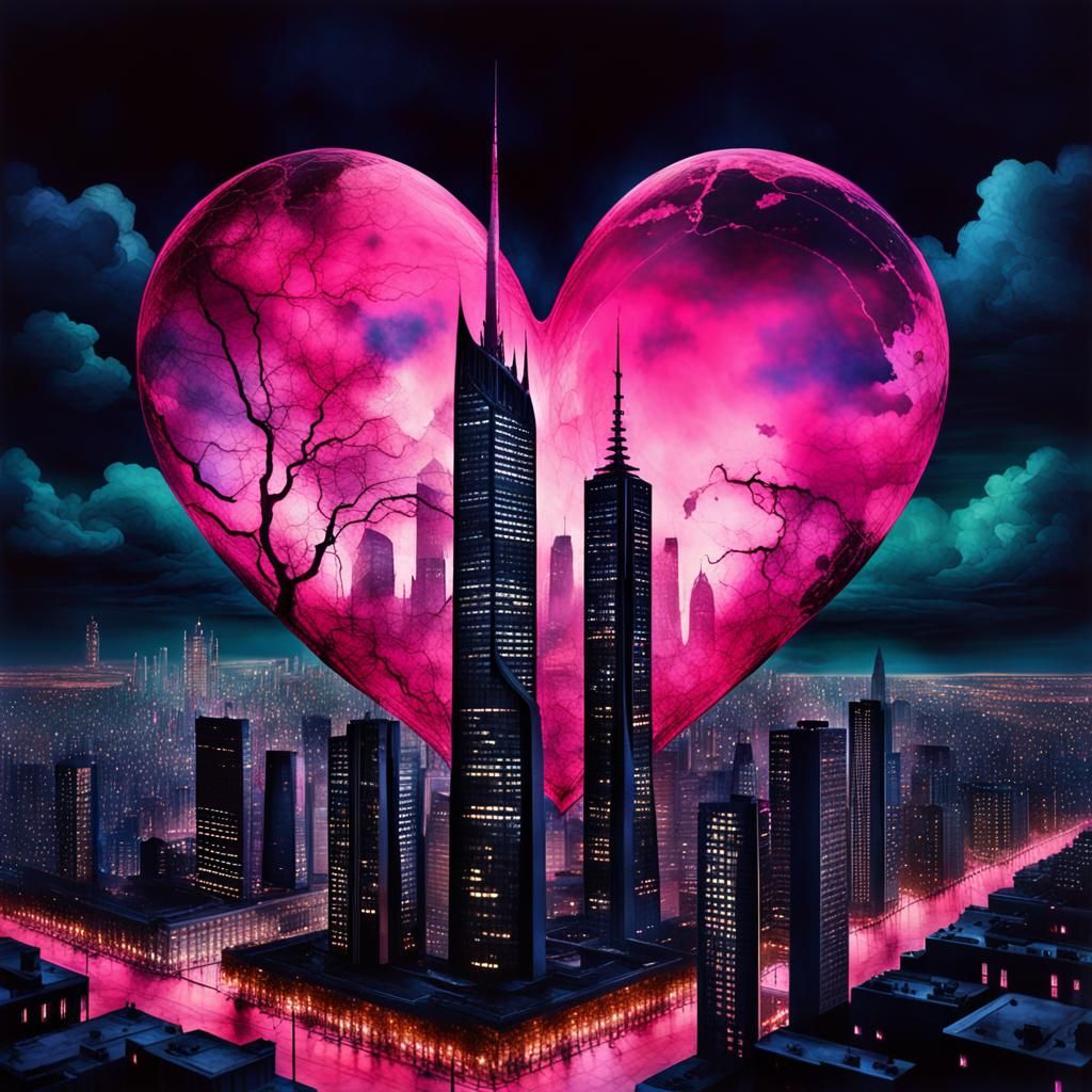 Neon Gothic Cityscape with Dreamlike Surrealism