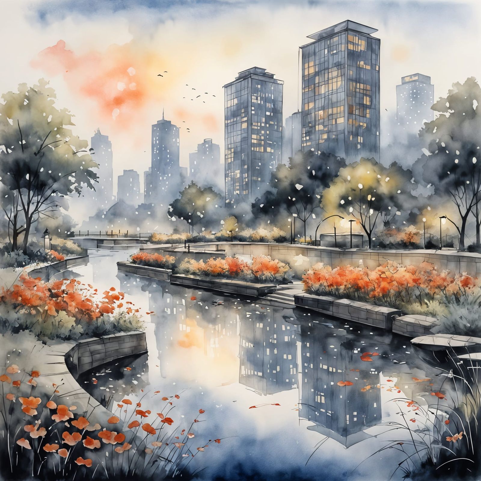 Tranquil City Park at Twilight Watercolor Painting