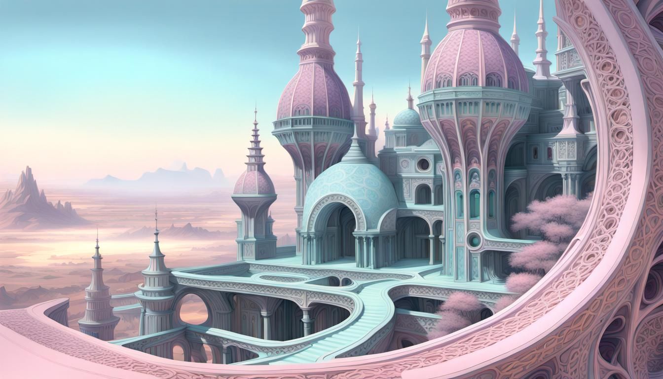Pastel Hi-Tech Desert Landscape with Ancient Technology