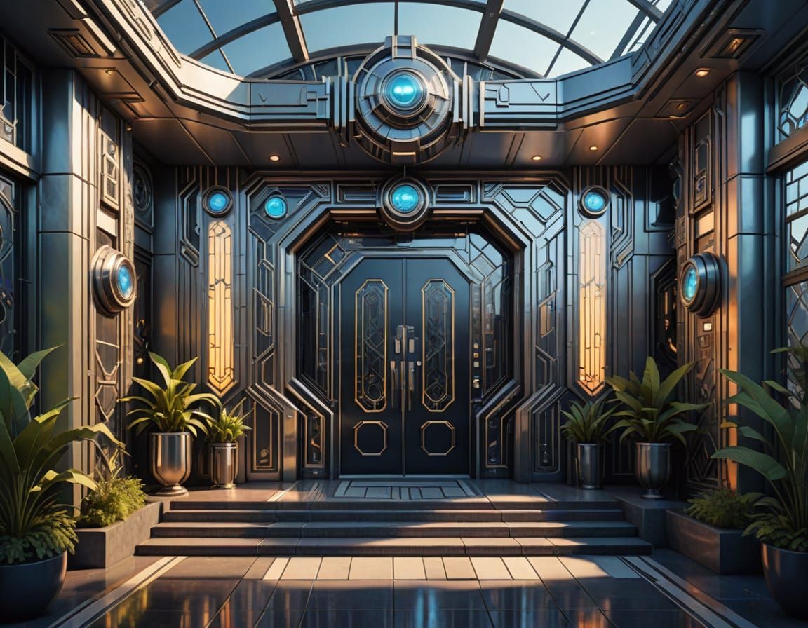 Futuristic Art Deco Entrance in Cyberpunk Style
