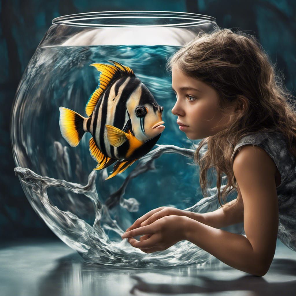 Girl and Angelfish in Hyperrealistic Splash Art