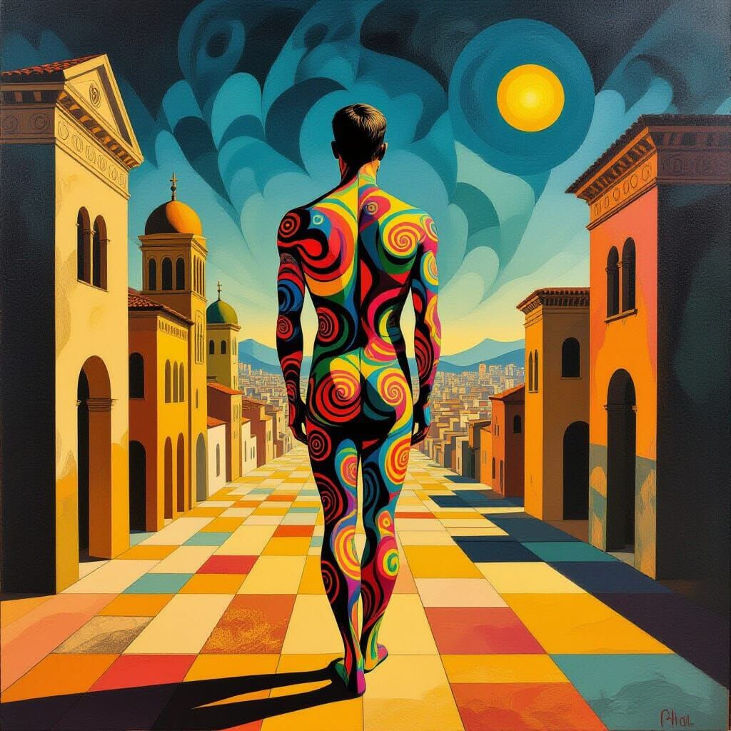 A psychedelic man in a Giorgio de Chirico paint.. psychedeli...