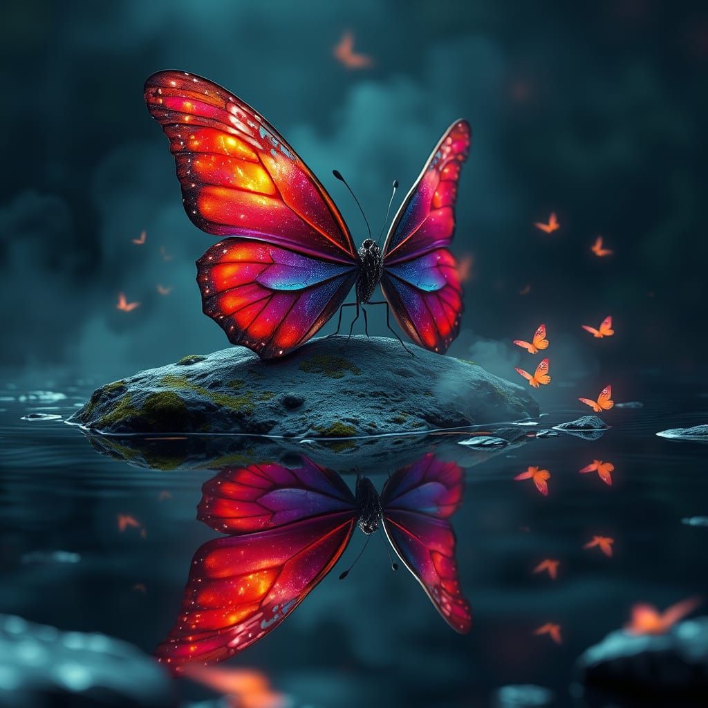 Vibrant Butterfly in Starry Night Sky, Delicate Rock, and Se...