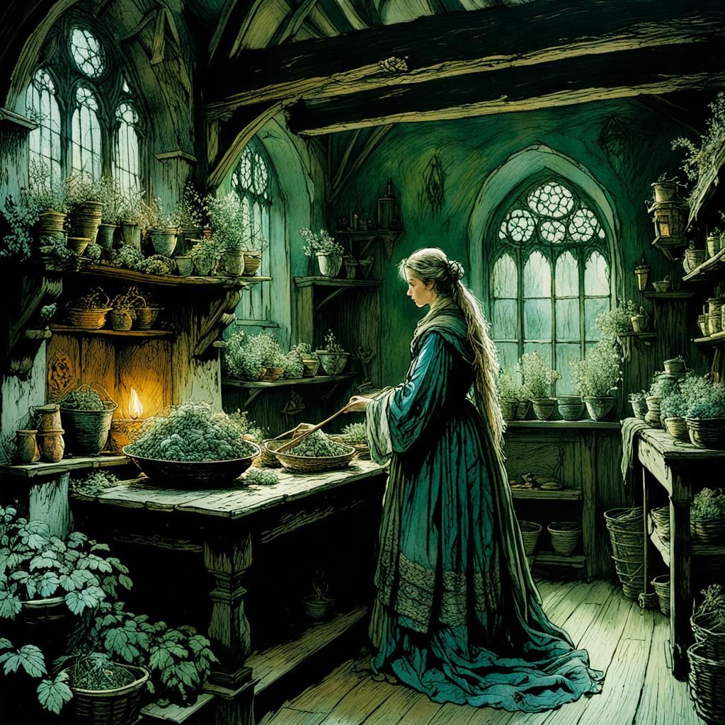 Medieval Herb Woman's House: Golden Age Illustration