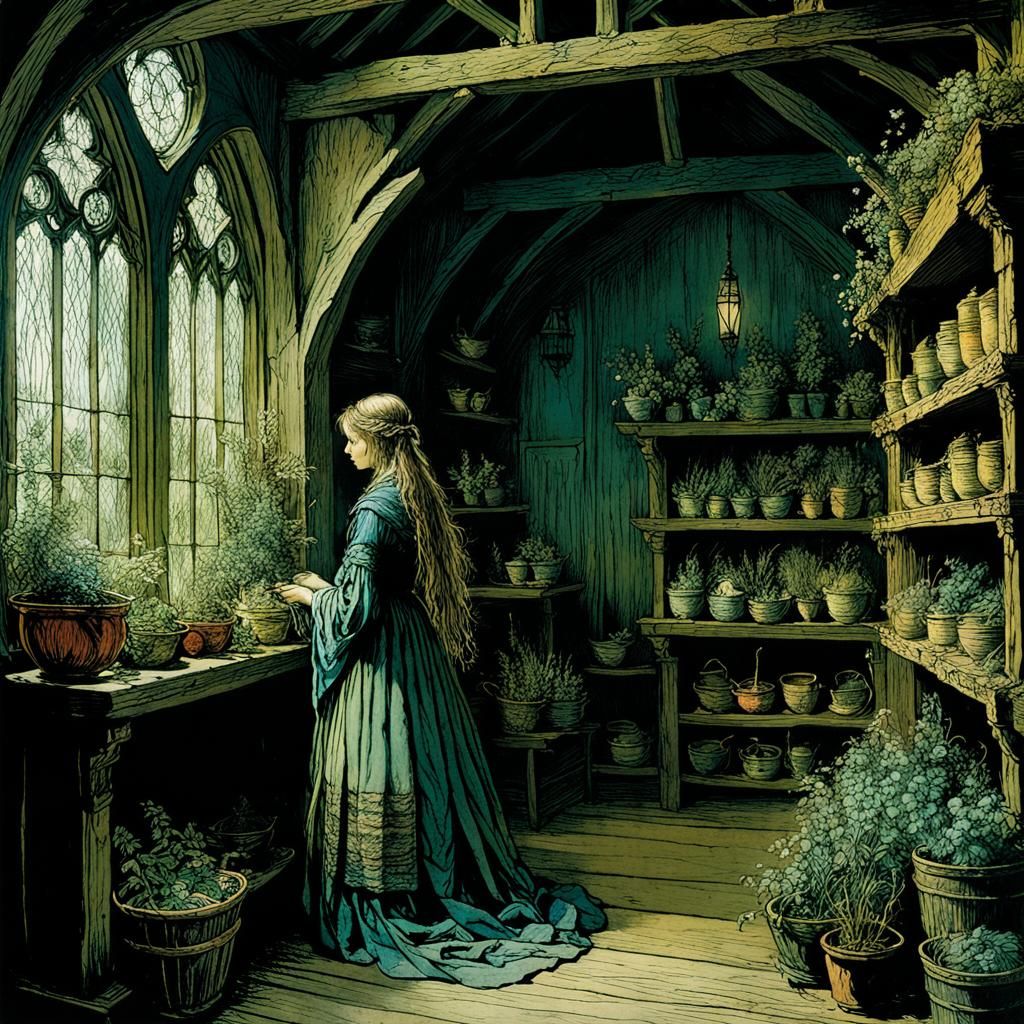 Medieval Herb Woman's Enchanted Manor in Mysterious Twilight