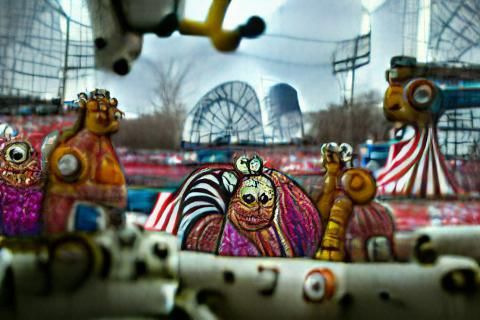 Nightmarish Carnival Scene with Clowns and Elephants