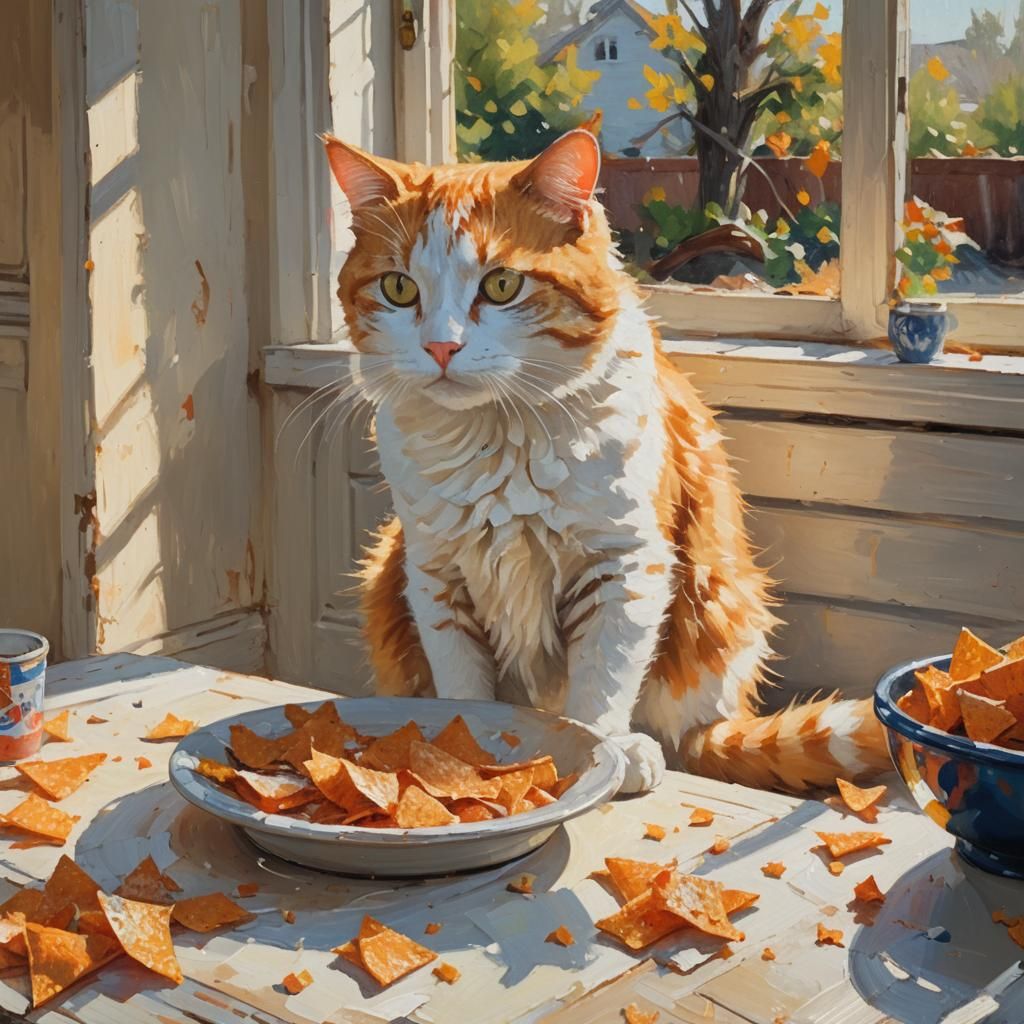 Cat Eating Doritos as Impressionist Oil Painting