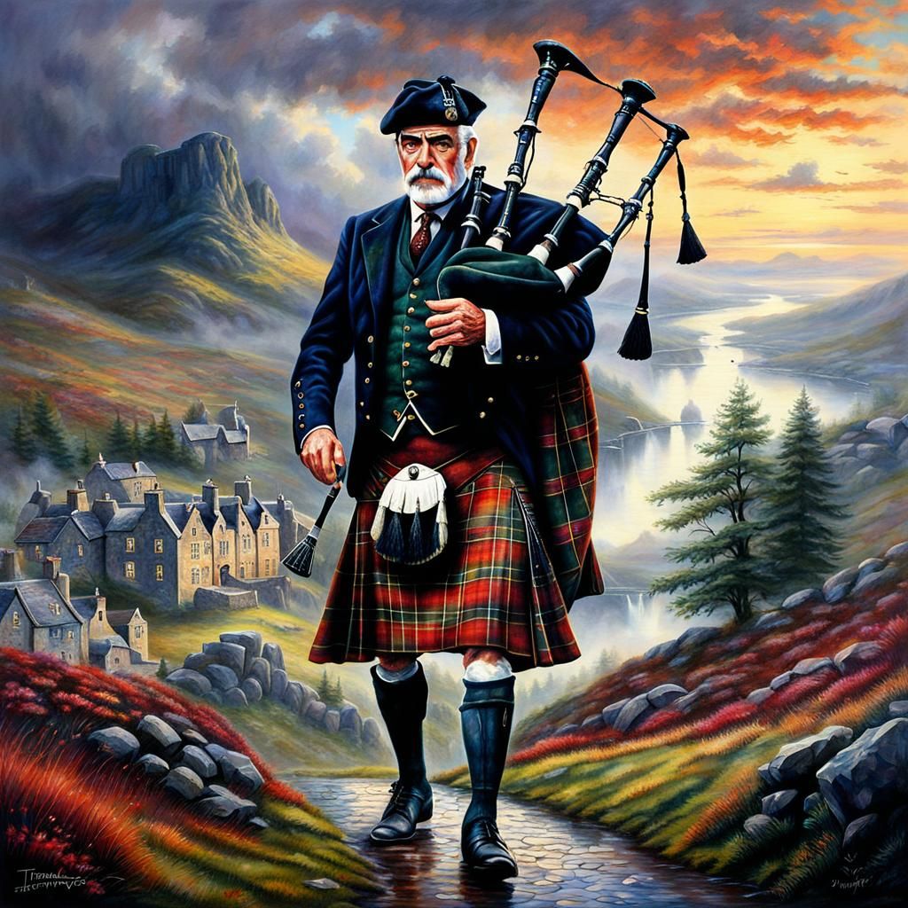 Scottish Man in Kilt with Bagpipes, Hyperrealistic