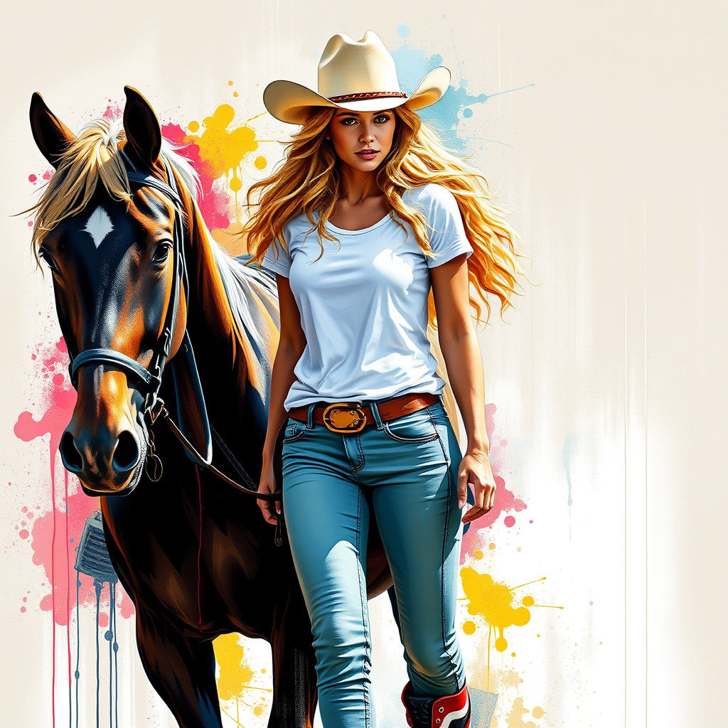 Woman with golden blonde curls, wearing a cowboy hat, white T-shirt, tight short jeans, red and white sneakers, leading ...
