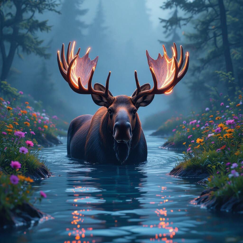 Neon Lit Moose in Ethereal Digital Art