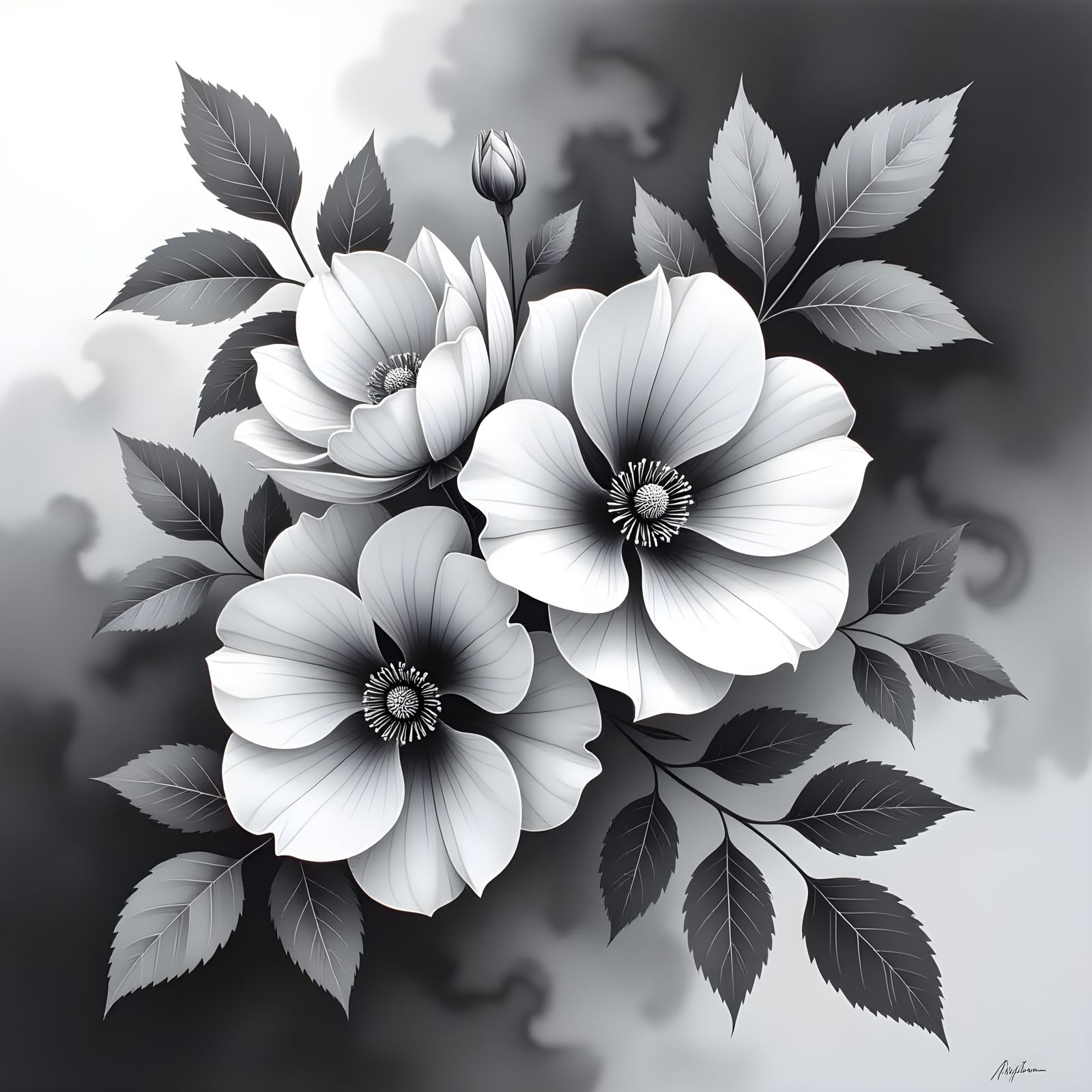 Hyperdetailed Black and White Floral Charcoal Drawing