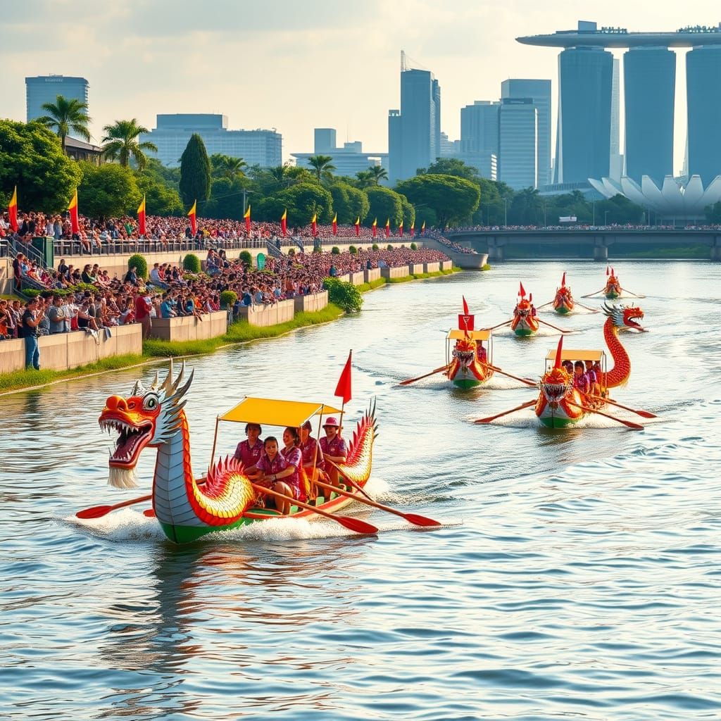 Vibrant Dragon Boats in Singapore's Kallang River