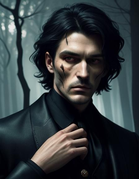 Dark academia concept art. Medium shot. Mysterious and charismatic man with a deep scar on his face in a suit. Low-key s...