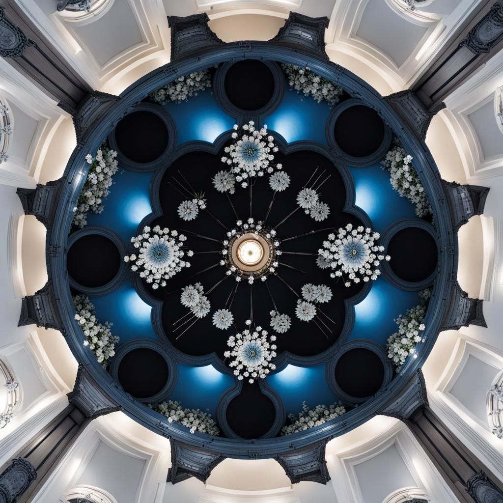 Floral Spiraling Hallway with Chandelier