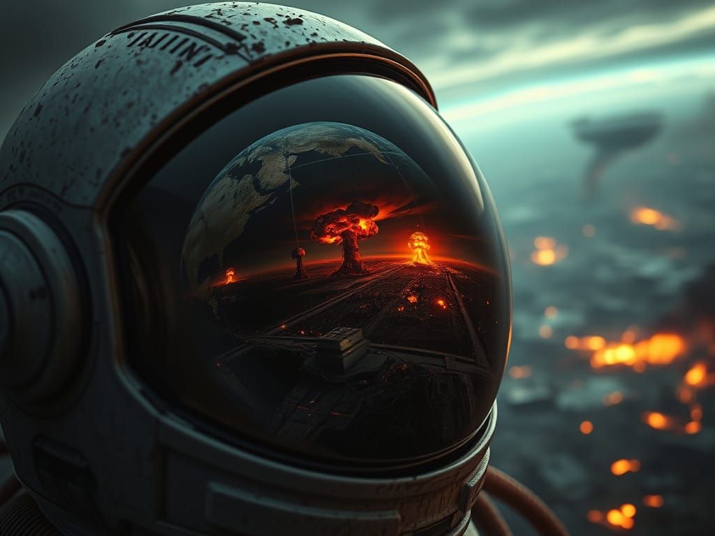 Worn Astronaut Helmet Reflects Dystopian Ruin