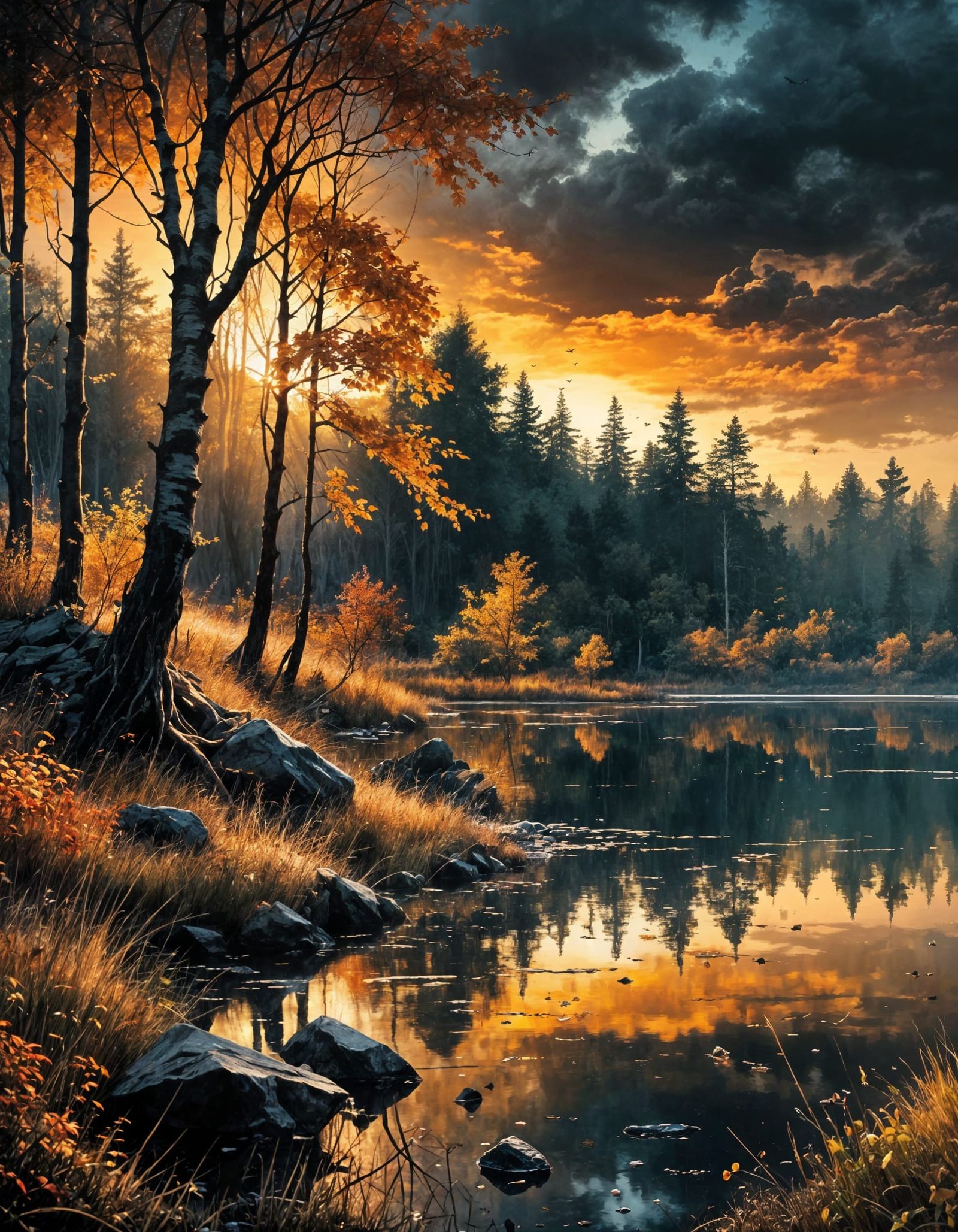 Dramatic Autumn Landscape Painting with Sunset Lake