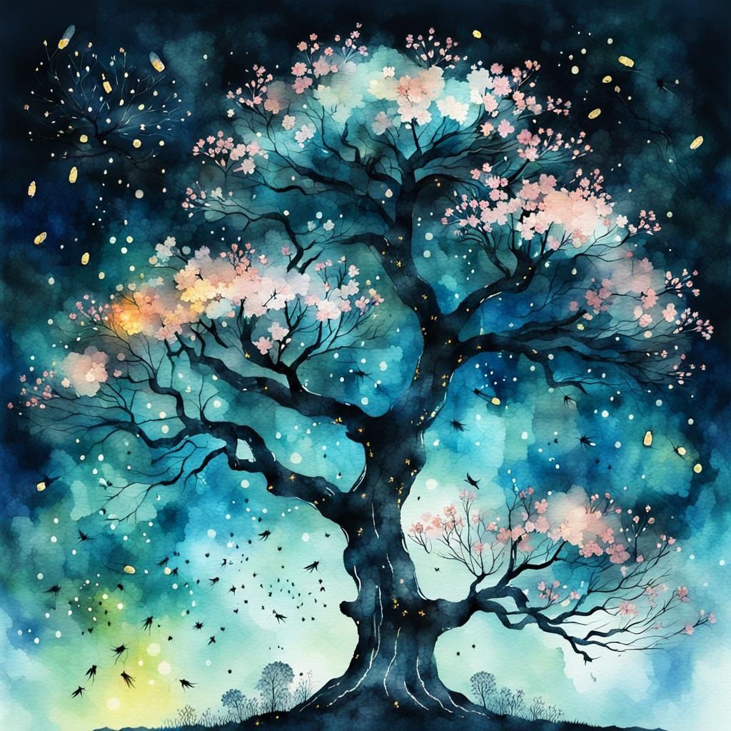 Fireflies Fluttering Around Sakura Tree: Watercolor Double E...