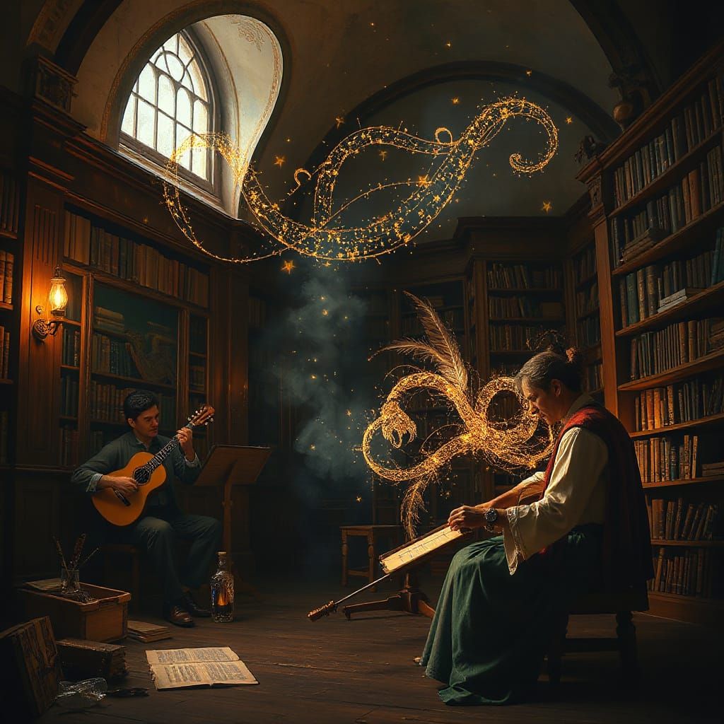 Magical Library Scene with Starlight Lutes and Living Art